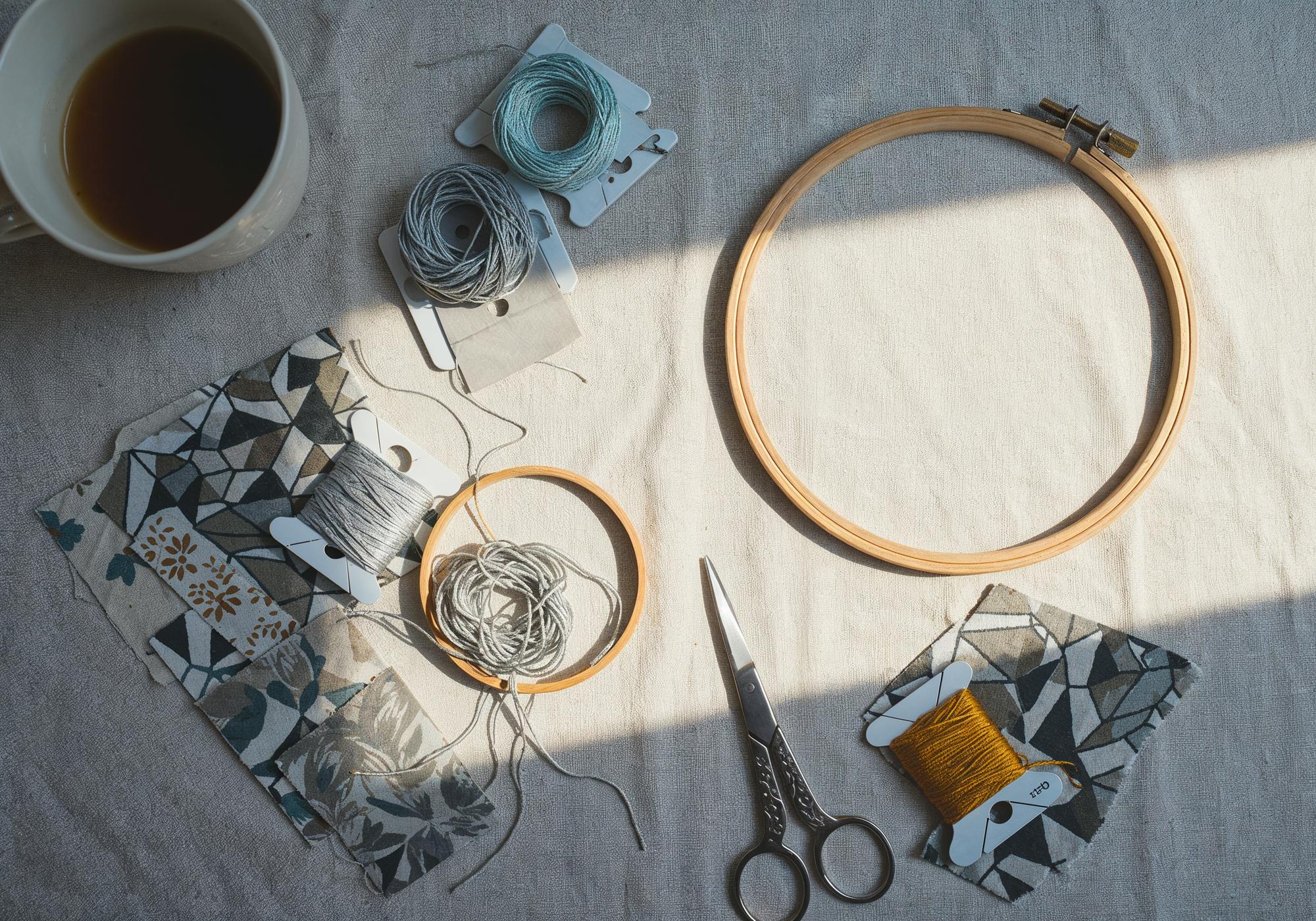 Workshop table with threads, hoops and designs