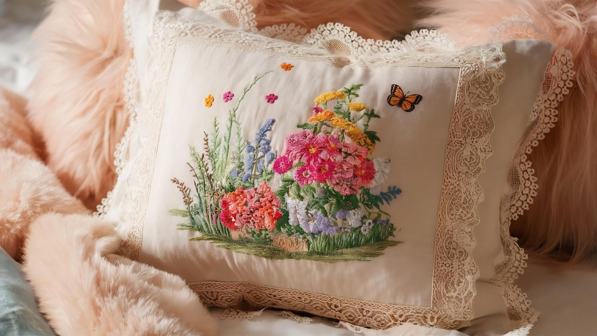 Embroidered botanical motif on pillow
